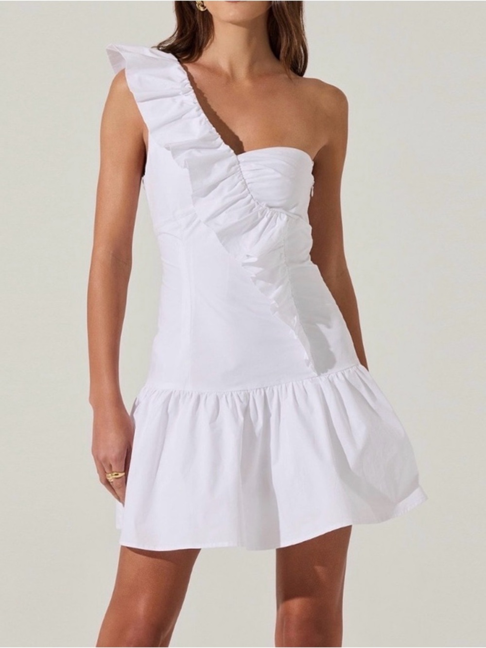 ASTR The Label One-Shoulder White Ruffle Mini Dress